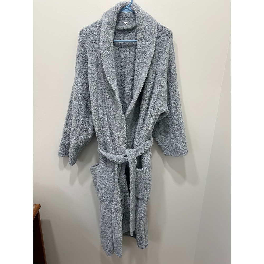 Pottery Barn Cozy Ribbed Robe Women Large Blue Plush Fleece Shawl Collar Belted